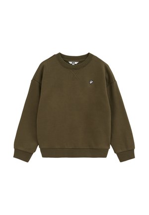 Mørkegrøn crewneck sweatshirt med lange ærmer, ribkant ved ærmer og bund, med en lille hvid broderet fuglelogo på venstre bryst.
