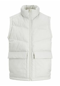 White puffer vest with high collar, front zipper, and two large, flat patch pockets on the front, featuring a textured, smooth fabric.