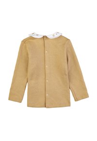Cardigan a maglia color senape con maniche lunghe, colletto bianco con decorazioni floreali e chiusura frontale a bottoni. Tessuto texture.
