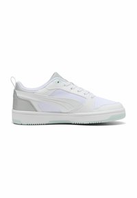 White athletic sneakers with smooth leather and mesh panels, featuring a mint rubber sole and subtle grey accents on the heel.