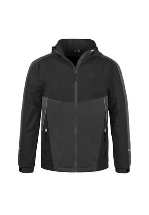 Schwarze und graue Windjacke mit einem Reißverschluss vorne, zwei Seitentaschen, reflektierenden Akzenten und einer Kapuze. Hergestellt aus leichtem, wetterbeständigem Material.