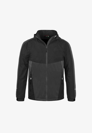 Schwarze und graue Windjacke mit einem Reißverschluss vorne, zwei Seitentaschen, reflektierenden Akzenten und einer Kapuze. Hergestellt aus leichtem, wetterbeständigem Material.