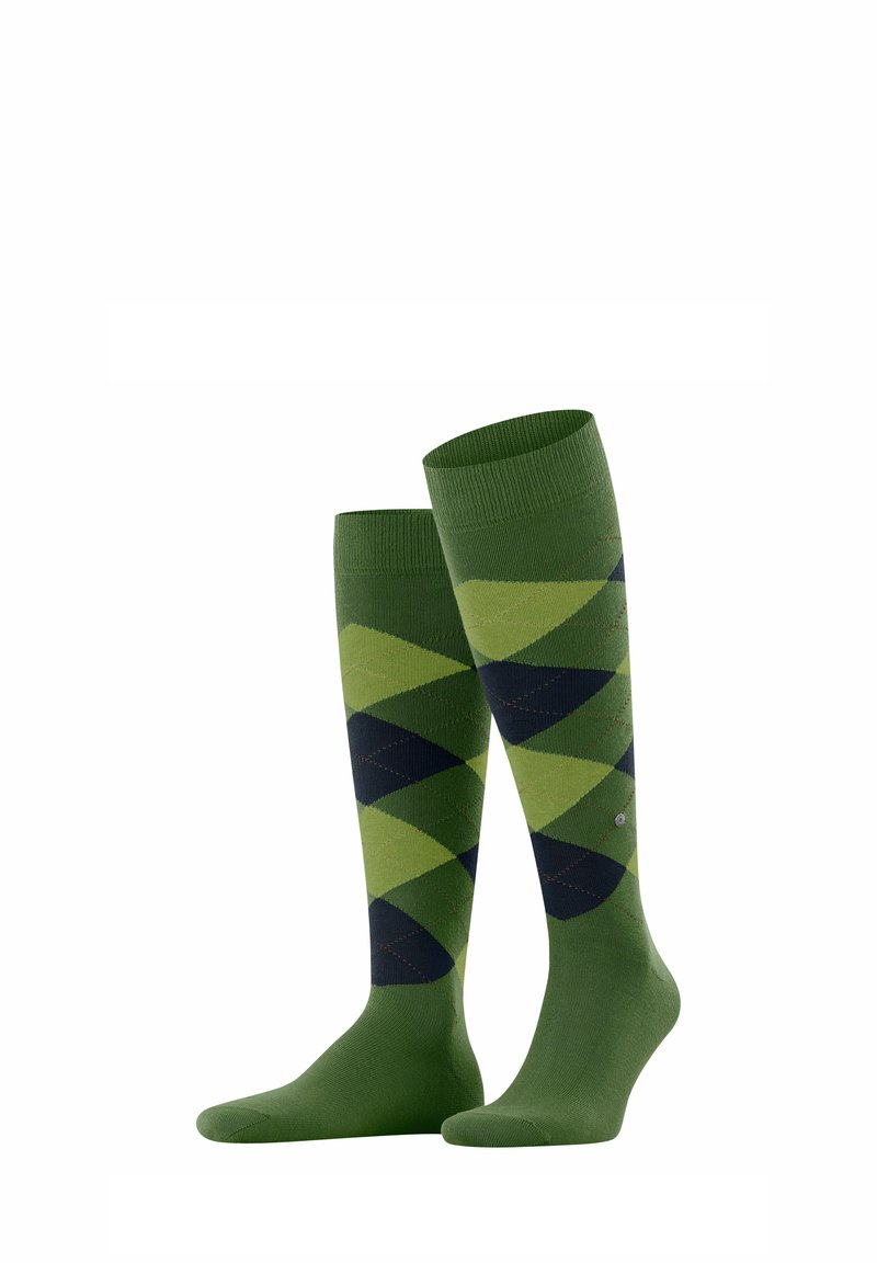Kniestrümpfe mit einem Rautenmuster in verschiedenen Grüntönen und Marineblau, mit einem gerippten Bündchen und glatter Textur.