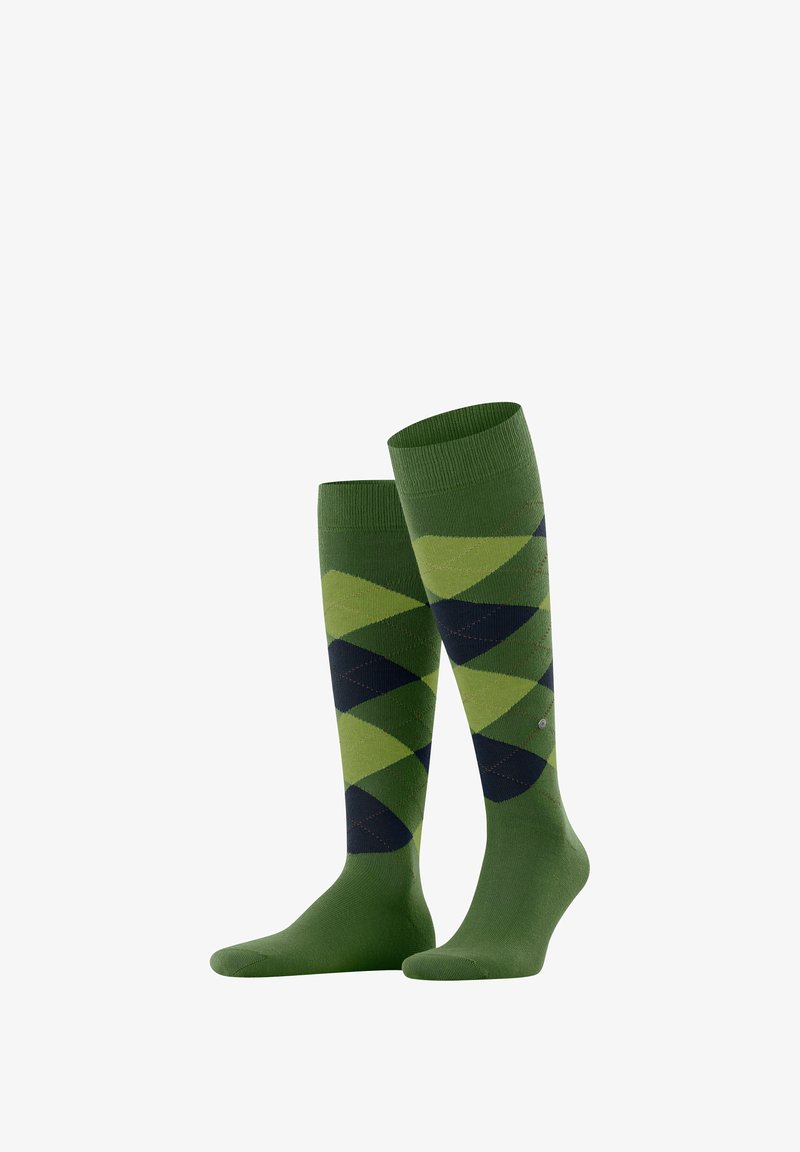 Kniestrümpfe mit einem Rautenmuster in verschiedenen Grüntönen und Marineblau, mit einem gerippten Bündchen und glatter Textur.