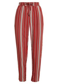 Pantalon à rayures rouges avec taille élastique et cordon de serrage. Rayures verticales en noir et blanc. Tissu léger avec une texture douce.