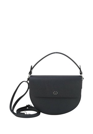 Borsa a tracolla in pelle nera con una forma arrotondata, chiusura a pattina frontale e tracolla regolabile. Presenta un dettaglio del logo discreto sul davanti.