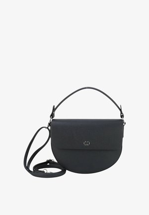 Svart läder crossbody-väska med rundad form, frontlock och justerbar rem. Har en diskret logotypdetalj på framsidan.