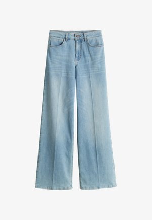 Lichtblauwe wijde denim jeans. Voorzien van een klassieke vijf-pocket ontwerp, riemlussen en een ritssluiting met knoopsluiting.