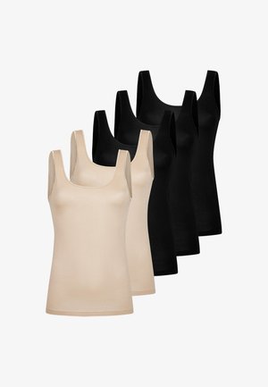 Deux débardeurs beige et trois noirs sans manches disposés en couleurs alternées sur un fond blanc.
