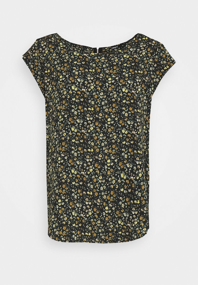 Top floreale con scollatura rotonda, maniche corte, in tessuto nero con fiori verdi, gialli e marroni. Tessuto morbido e vestibilità ampia.