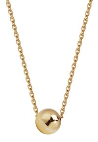 Złoty naszyjnik z łańcuszkiem, który posiada gładki, lustrzany okrągły wisiorek. Łańcuszek składa się z połączonych okrągłych ogniw, tworząc delikatny wzór.