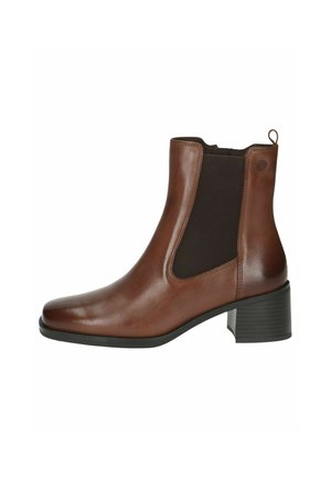 Brown leather ankle boot with elastic side panels, a rounded toe, and a chunky heel; smooth texture and subtle stitching details.