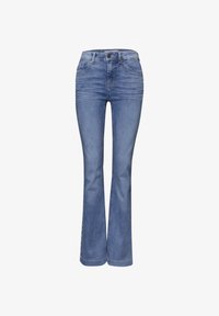 Pantalones vaqueros azules de corte acampanado con bolsillos delanteros, trabillas para cinturón y cierre de botón.