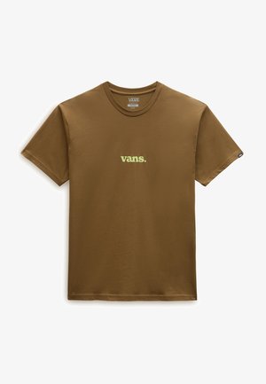 T-shirt marron Vans à manches courtes et col rond avec petit logo Vans centré en jaune clair sur le devant.