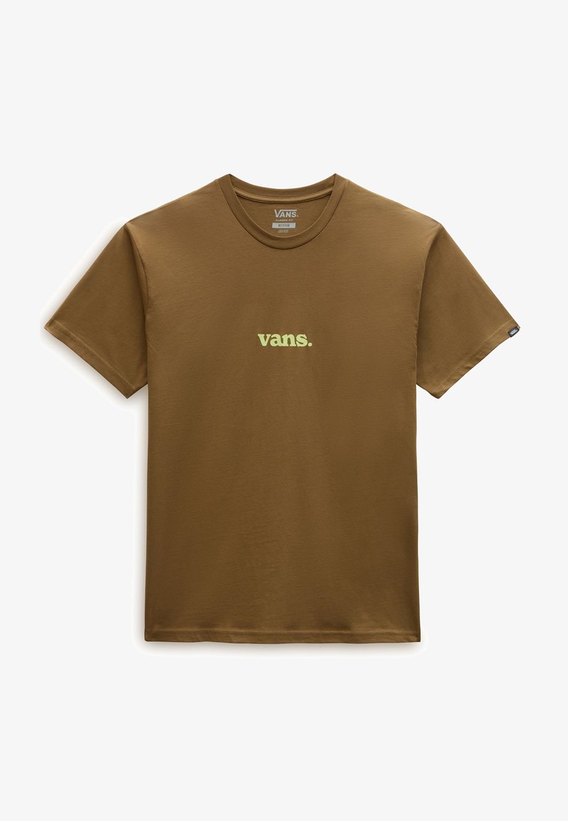 T-shirt marron Vans à manches courtes et col rond avec petit logo Vans centré en jaune clair sur le devant.