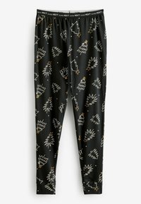 Sorte leggings med hvide og gyldne juletræsmønstre med stjerner på et blødt materiale. Elastisk talje med brandtekst.