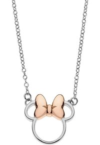 Söljkedja med ett hänge i roséguld utformat som en fjäril inom en cirkulär kontur. Slät metallfinish med glänsande detaljer.