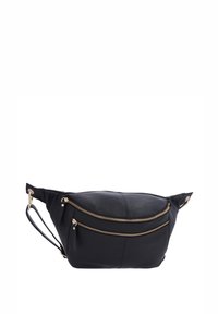 Schwarze Leder-Gürteltasche mit zwei goldenen Reißverschlusstaschen und einem verstellbaren Riemen vor weißem Hintergrund.