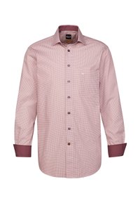 Camicia a maniche lunghe di un rosa chiaro con un motivo a piccole righe. Presenta un colletto a punta, chiusura con bottoni e polsini a pois contrastanti.