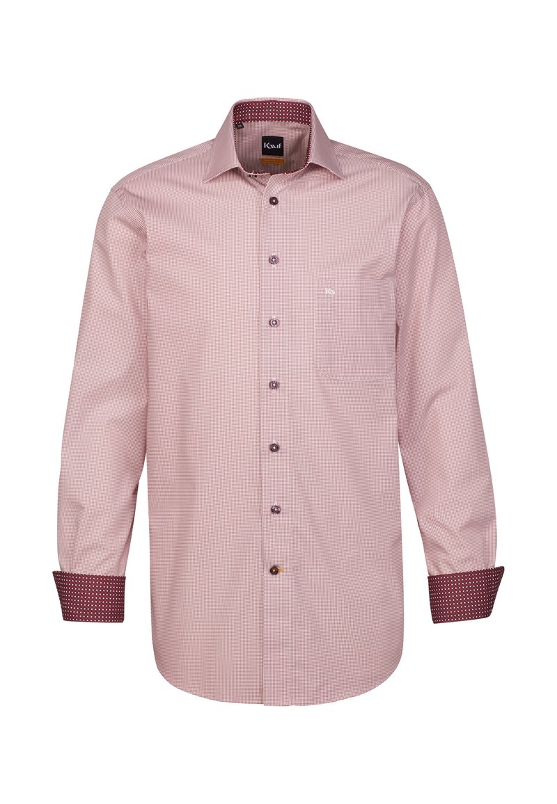 Camicia a maniche lunghe di un rosa chiaro con un motivo a piccole righe. Presenta un colletto a punta, chiusura con bottoni e polsini a pois contrastanti.