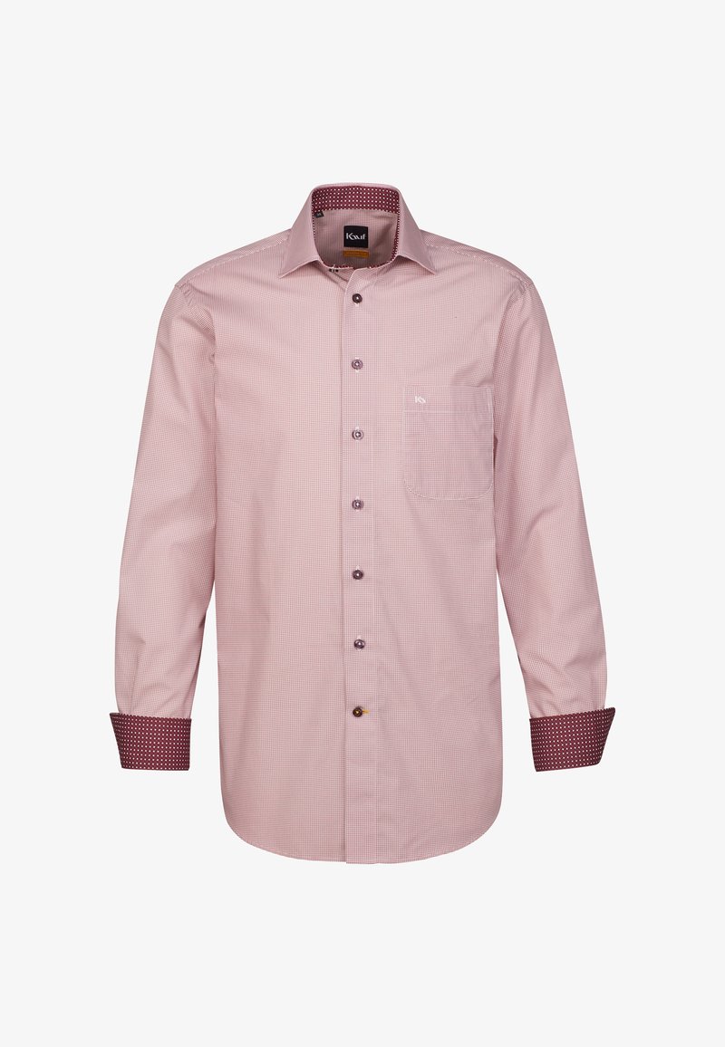 Camicia a maniche lunghe di un rosa chiaro con un motivo a piccole righe. Presenta un colletto a punta, chiusura con bottoni e polsini a pois contrastanti.