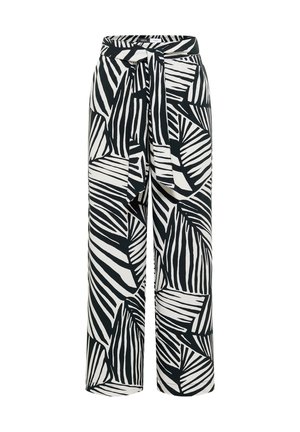 Hoge taille wijde broek met zwart-wit abstract bladpatroon en bijpassende stoffen riem gestrikt in de taille.