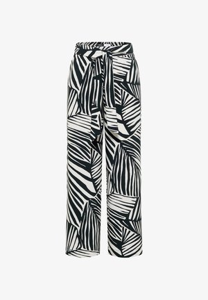Hoge taille wijde broek met zwart-wit abstract bladpatroon en bijpassende stoffen riem gestrikt in de taille.