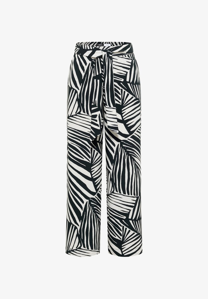 Pantalon taille haute à jambes larges avec motif abstrait de feuilles noir et blanc et ceinture en tissu assortie nouée à la taille.
