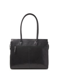 Borsa tote in pelle nera con due manici lunghi, una tasca frontale con zip e una superficie liscia e testurizzata. Caratterizzata da un design strutturato.