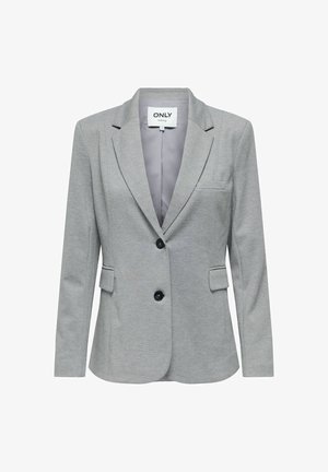 Sivi prilegajoči blazer z izrezanim ovratnikom, z enim gumbom, sprednjimi žepi in gladkim notranjim podložnim materialom. Narejen iz teksturirane tkanine.