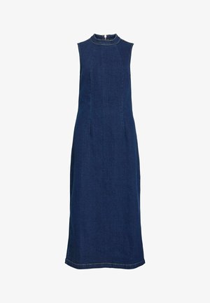 Mouwloze donkerblauwe denim midi-jurk met hoge hals en ritssluiting aan de achterkant, met subtiele naaddetails.