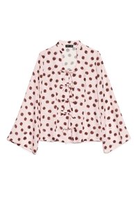 Blouse rose à pois marron, tissu léger, col en V avec liens décoratifs à l'avant, et manches longues évasées.