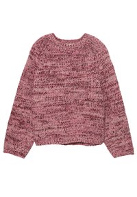 Pulover tricotat în nuanțe de roz, cu decolteu rotund, mâneci lungi și o textură groasă cu variații subtile de culoare pe întreaga suprafață.