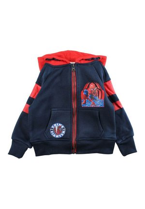Veste à capuche pour enfants bleu marine et rouge avec fermeture éclair avant, illustration de Spider-Man sur la poitrine, rayures rouges sur les manches, et écusson "Crime Fighter".