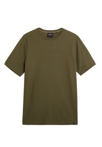T-shirt a maniche corte verde oliva in tessuto liscio con collo rotondo. Presenta cuciture sulle spalle e una piccola etichetta del brand sul lato.