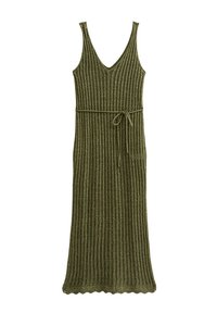 Abito lungo verde a maglia con scollatura a V, corpino aderente e vita con sfilato, caratterizzato da righe verticali e orlo smerlato. Tessuto leggero.