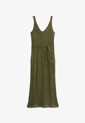 Vestido de punto verde con escote en V, cuerpo ajustado y cintura con lazo, con ribetes verticales y dobladillo festoneado. Textura ligera.