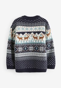 Marineblauer gestrickter Pullover mit einem Fair Isle-Muster, das Rentiere und Schneeflocken in Creme, Blaugrün und Braun zeigt, mit geripptem Ausschnitt und Bündchen.