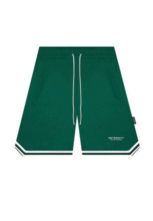 Green shorts with a textured fabric, elastic waistband, white drawstring, side pockets, and white stripes at the hems, featuring branding.