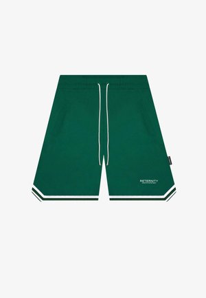 Zelene kratke hlače iz teksturiranega materiale, z elastičnim pasom, belim vrvico, stranskimi žepi in belimi črtami na robovih, ki vsebujejo blagovno znamko.