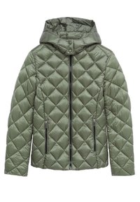 Lákaná olivově zelená bunda s kapucí; má diagonální diamantový vzor, přední zip a dvě boční kapsy na zip.