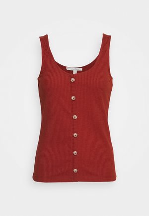 Mouwloos geribbeld tanktop in roestrood met een ronde hals en zes knopen aan de voorkant, gemaakt van lichtgewicht tricot stof.