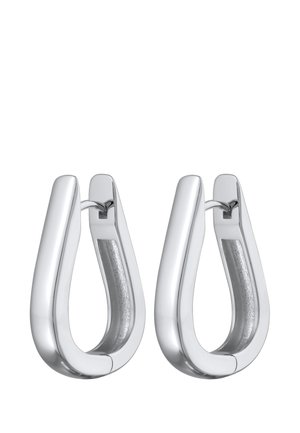 Silberne Creolen in Tropfenform. Glatte, polierte Oberfläche mit einer dezenten, strukturierten Innenseite. Minimalistisches Design.