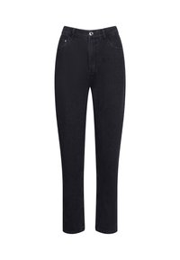 Czarne dżinsy o prostym kroju nogawki, pięć kieszeni, z zapięciem na guzik w talii. Gładka faktura, bez wzorów.