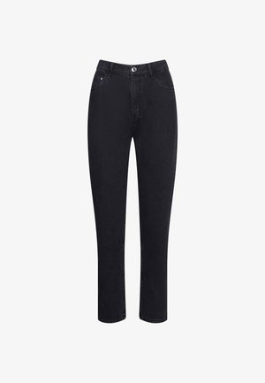 Czarne dżinsy o prostym kroju nogawki, pięć kieszeni, z zapięciem na guzik w talii. Gładka faktura, bez wzorów.