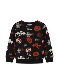 Svarte langermede genser til små barn med Halloween-motiver, inkludert spøkelser, gresskar, spindelvev, edderkopper og teksten "BOO!".