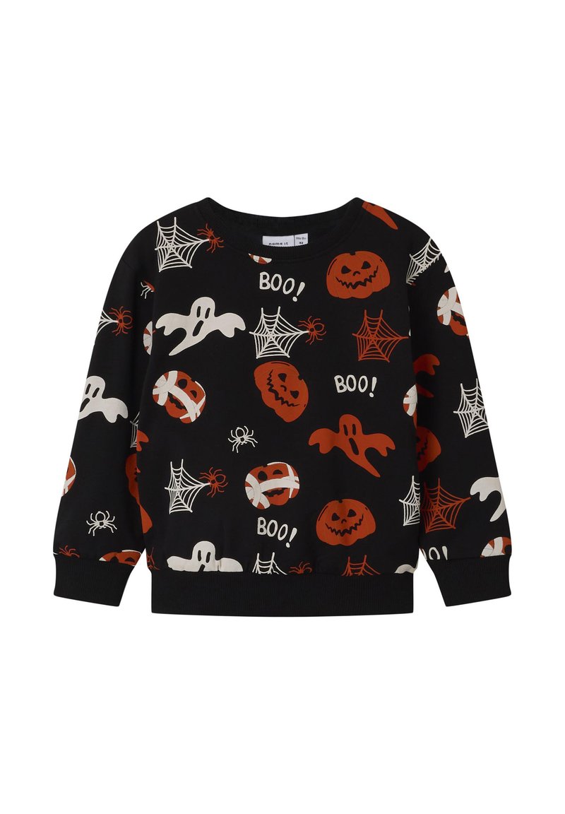 Svarte langermede genser til små barn med Halloween-motiver, inkludert spøkelser, gresskar, spindelvev, edderkopper og teksten "BOO!".