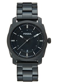 Sort rustfrit ståluhr med en tekstureret bezel, minimalistisk sort urskive, hvide timemarkeringer og datovisning kl. 6, sammenkoblet urrem.