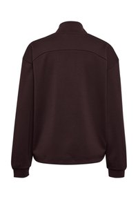 Brun zip-up sweatshirt med hög krage, långa ärmar och avslappnad passform. Slät textur med ribbade mudd och fåll.