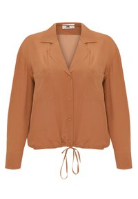 Braune Hemdbluse aus glattem Stoff, mit zwei Brusttaschen, einem Reverskragen und einem Kordelzugsaum. Lange Ärmel inklusive.